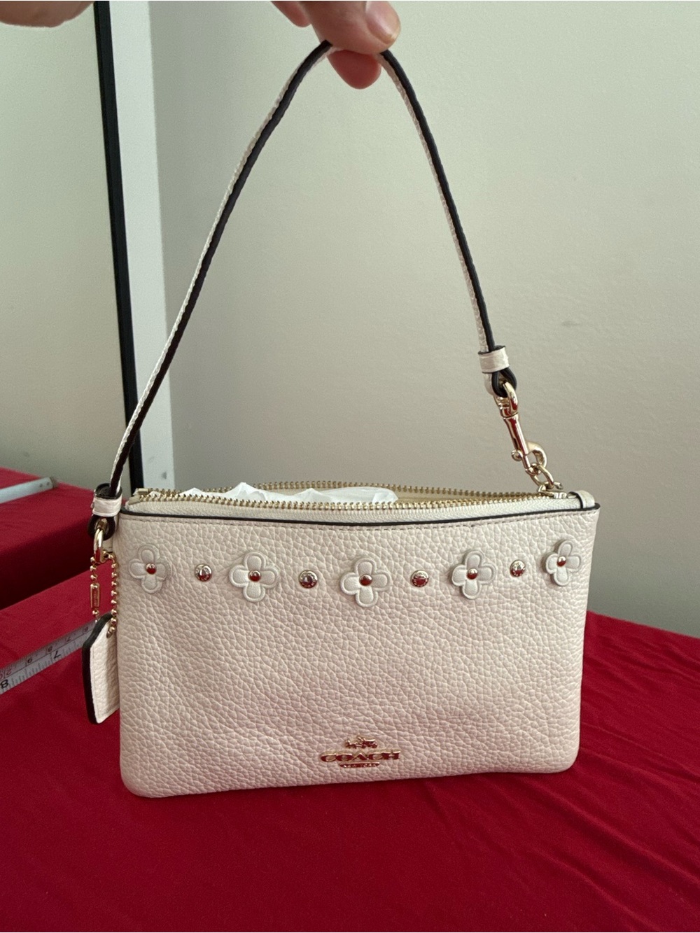 Coach Cream Pebbled Leather Shoulder Wristlet with Floral Studs